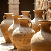 A row of decorative clay jars with intricate patterns arranged closely together in a well-lit indoor setting.