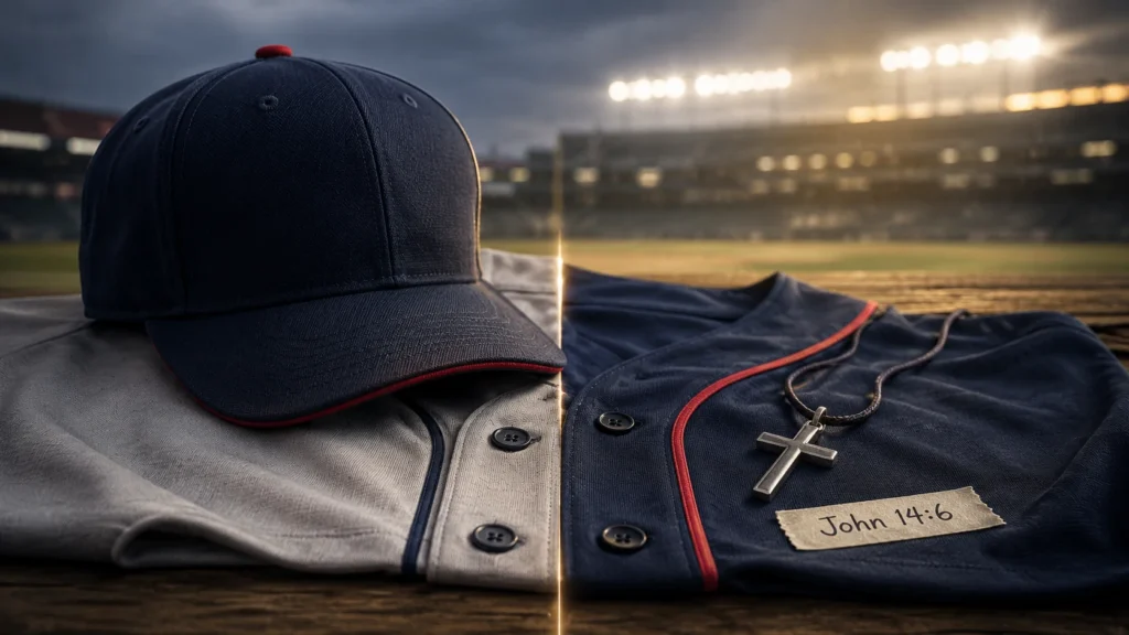 Baseball cap and uniform illustrating the debate over Bible verses, Pride symbols, and religious freedom in professional sports.