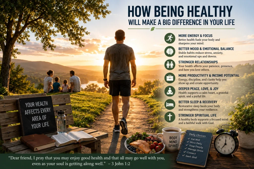 Healthy person walking at sunrise symbolizing energy, peace, quality of life, and whole-person health. Showing the Benefits of being healthy.