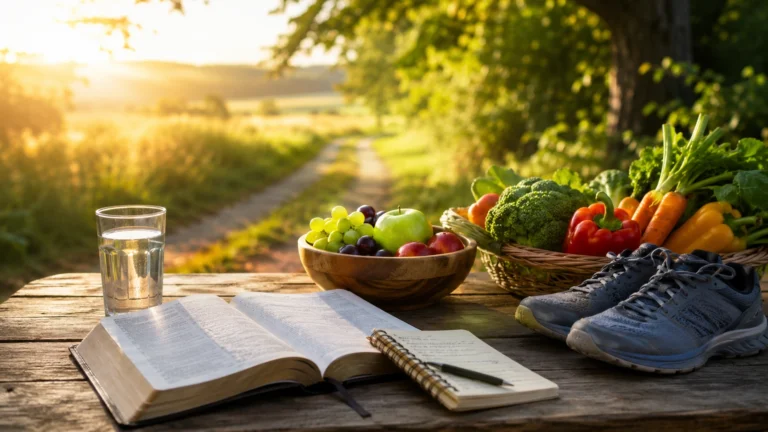 Clean food, water, Bible, journal, and walking shoes symbolizing whole-person health, peace, rest, and daily healthy habits.