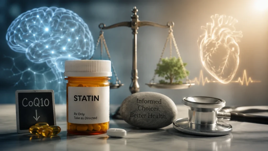 Prescription bottle with heart and brain symbols illustrating statin concerns, CoQ10 depletion, brain health, and heart health.
