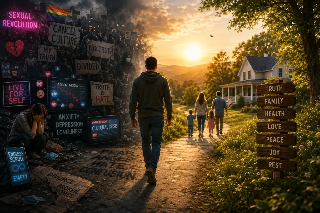 Person walking away from cultural noise toward a peaceful home and natural light, symbolizing health, family stability, and spiritual rest.