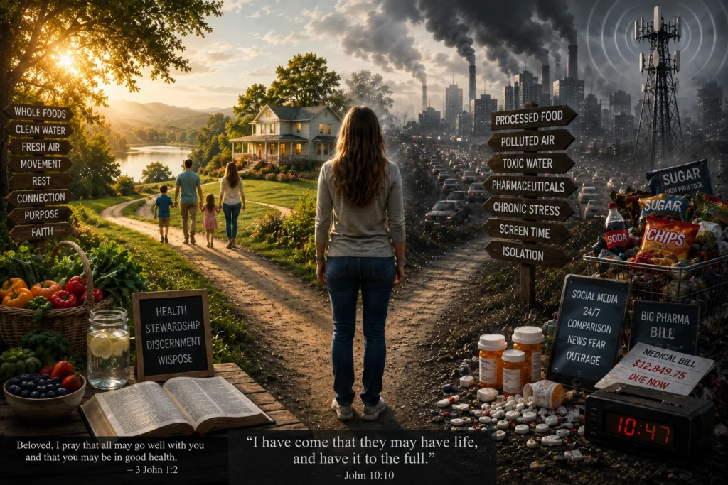 Split scene comparing traditional healthy living with modern processed food, pollution, stress, medication, and wireless exposure.