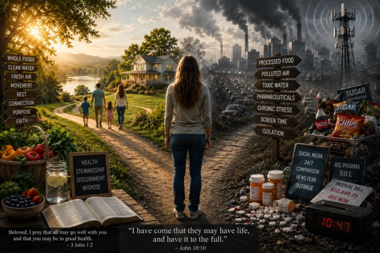 Split scene comparing traditional healthy living with modern processed food, pollution, stress, medication, and wireless exposure.
