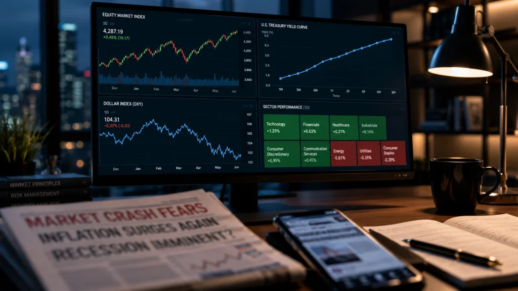 Market dashboard showing stock trends, bond yields, the dollar, and sector signals while noisy headlines fade in the background.