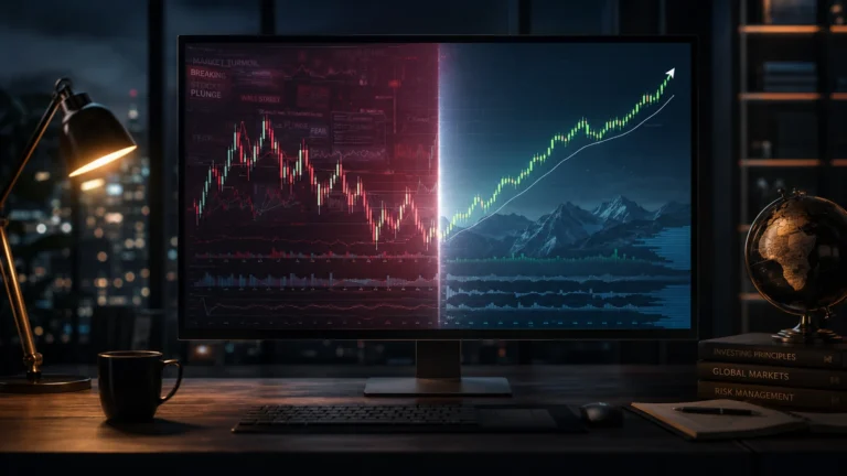 Investment dashboard contrasting short-term market noise with a disciplined long-term trend view across stocks, futures, and foreign exchange.