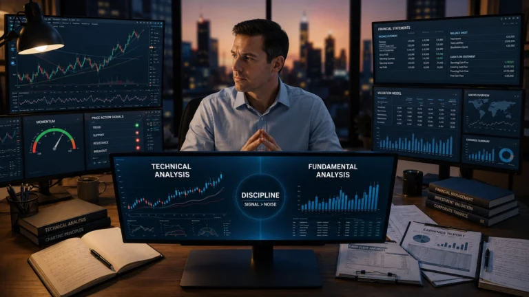 Investment analyst comparing technical charts, price trends, financial statements, and valuation data on a professional market dashboard.
