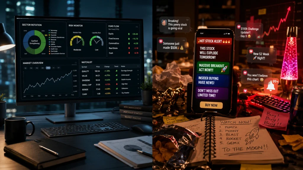 Professional market dashboard contrasted with noisy retail investing headlines and shiny distractions.
