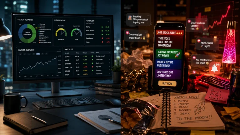 Professional market dashboard contrasted with noisy retail investing headlines and shiny distractions.