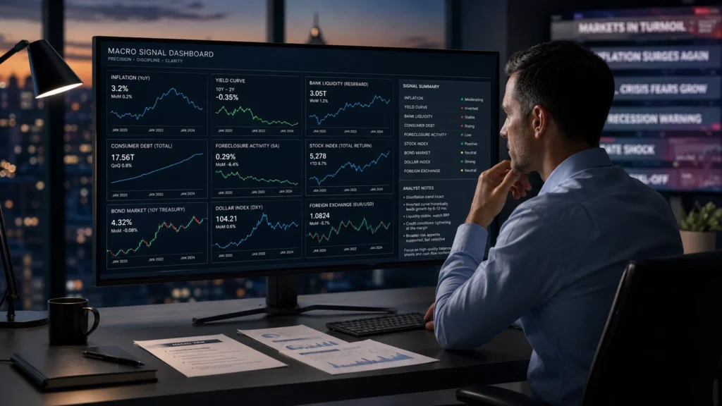 Macro-economic dashboard showing inflation, yield curve, liquidity, debt, foreclosure, stock, bond, dollar, and FX signals for investment analysis.