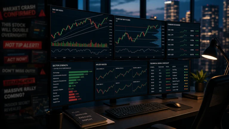 Professional market dashboard showing stocks, futures, foreign exchange, sector strength, and disciplined technical signals while noisy hot-tip headlines fade in the background.