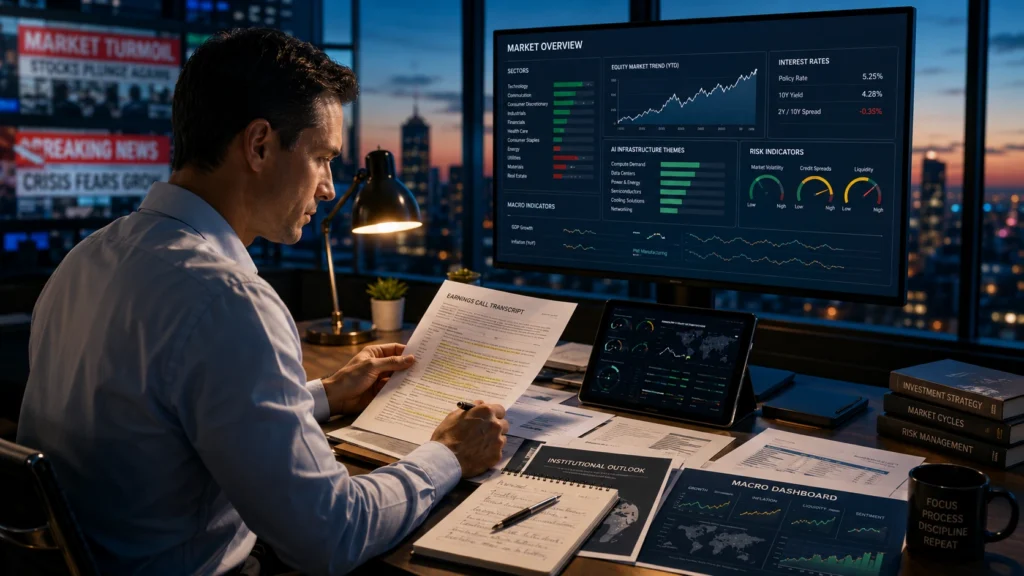 Professional investment desk showing market outlook reports, earnings commentary, and a macro dashboard used to interpret signals from investment managers and corporate leaders.