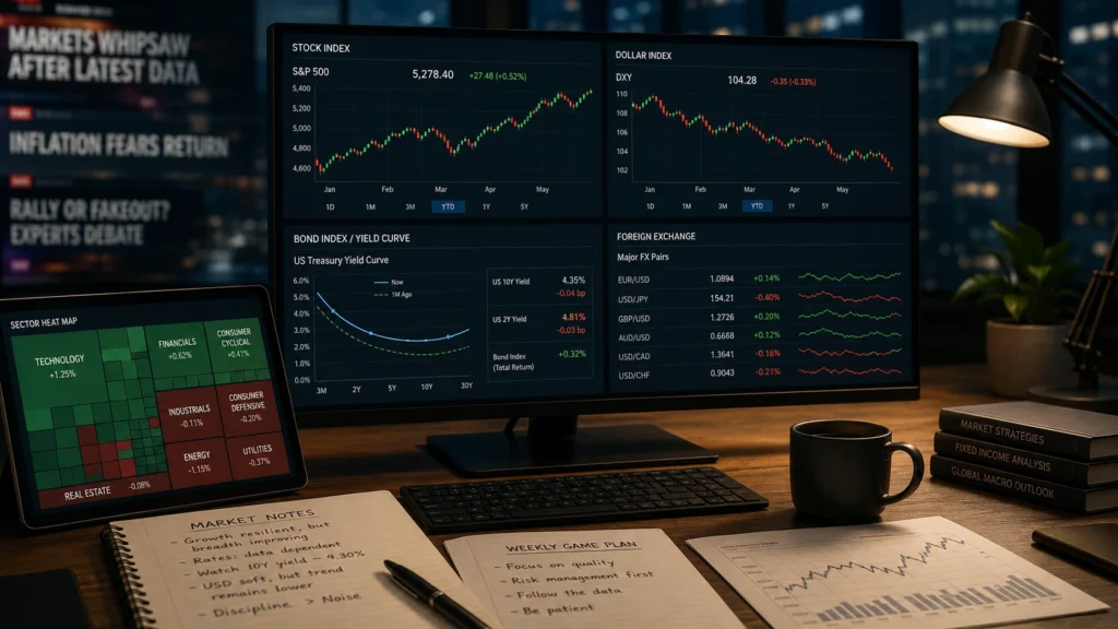 Professional market dashboard showing stock indexes, the dollar, bond yields, foreign exchange, and sector signals for weekly market analysis.
