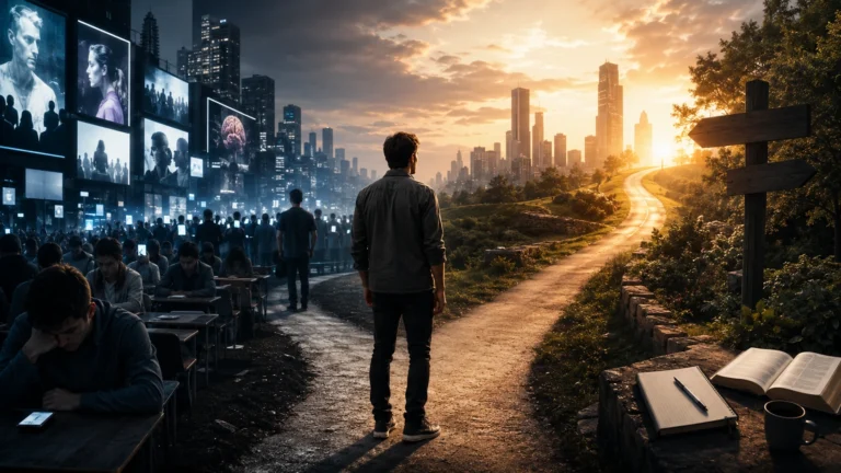 Person standing at a crossroads between cultural noise and a peaceful path of Christian discernment, truth, and clear thinking.