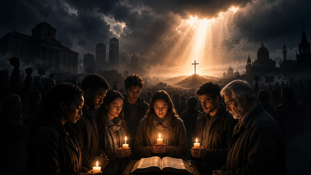 Christians standing peacefully with candles and an open Bible as light breaks through darkness around a distant cross.