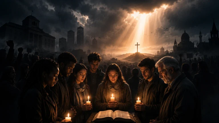Christians standing peacefully with candles and an open Bible as light breaks through darkness around a distant cross.