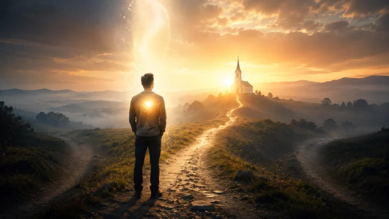 Person standing at dawn with symbolic light around the heart and soul, facing a peaceful path toward God and eternity.