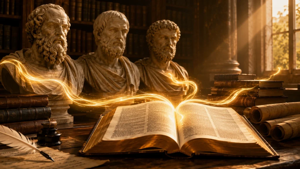 Open Bible beside classical philosophy books and ancient philosopher busts, showing biblical truth illuminating timeless wisdom.