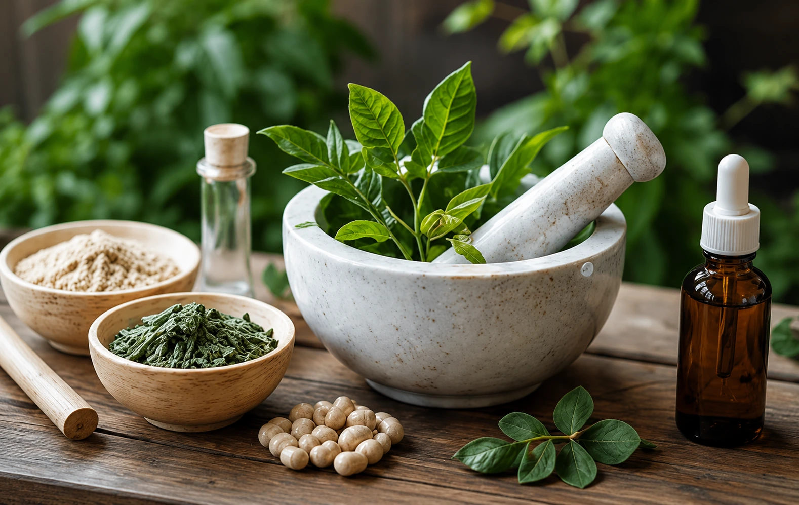 Natural apothecary setup on table. Bowls of herbs with mortar and pestle
