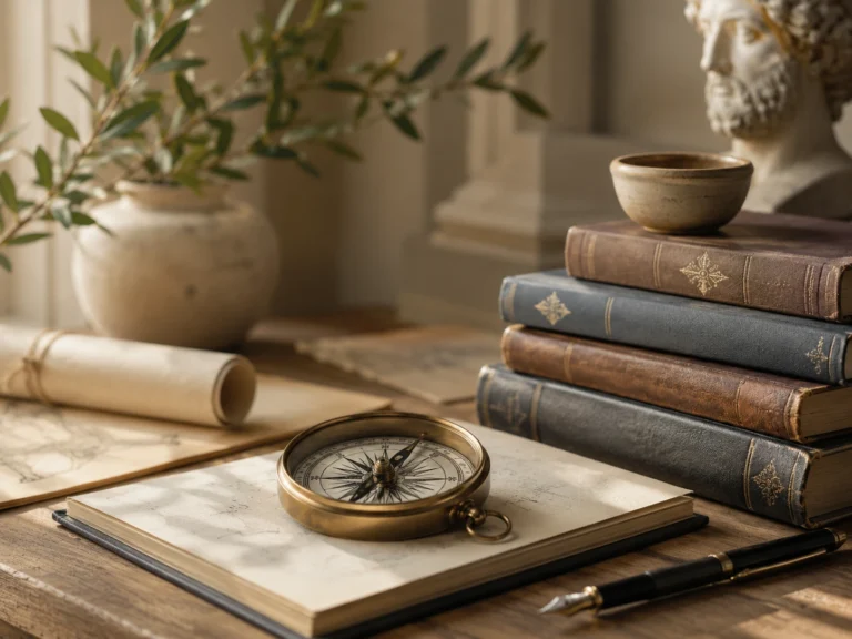 Desktop with scroll and compass on a manuscript with stack of classic books and bust of famous philospher