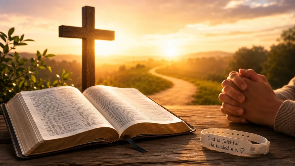 Open Bible and cross with warm sunrise light symbolizing healing, hope, answered prayer, and everyday miracles.