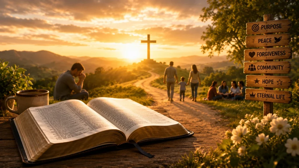 Open Bible beside a sunrise path leading toward a cross, symbolizing the positive influence of Christian spirituality and hope of eternal life.