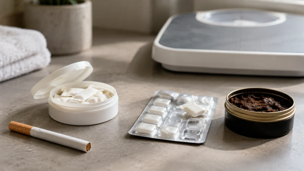 Cigarette, nicotine pouches, smokeless tobacco, and nicotine lozenges beside a bathroom scale
