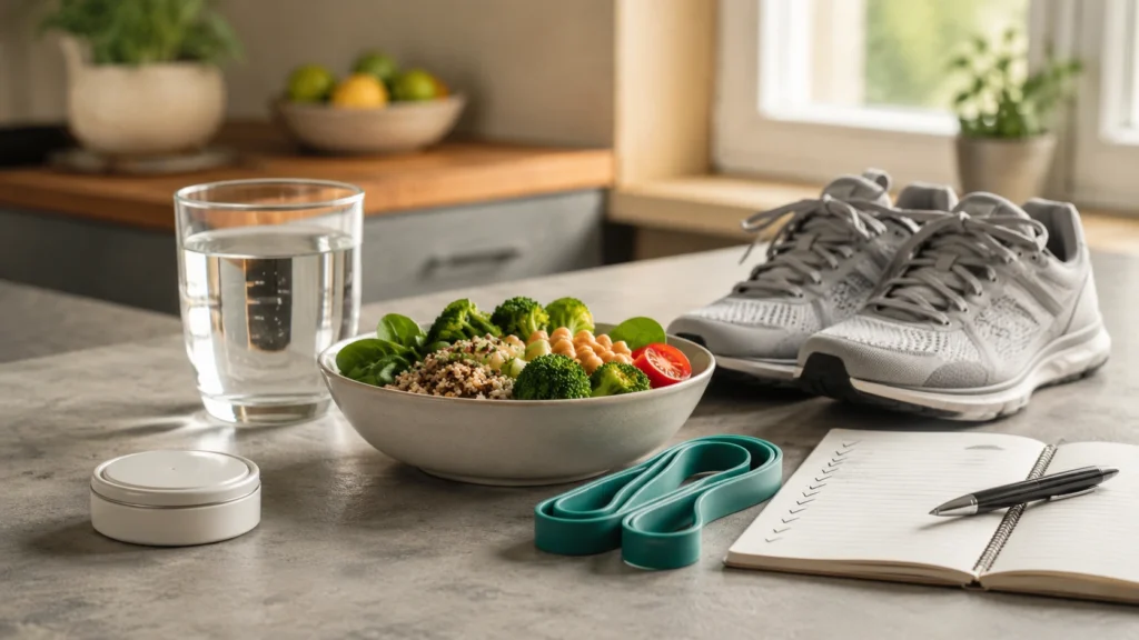 Walking shoes, healthy foods, water, resistance band, and a notebook representing an eight-week nicotine cessation and metabolic recovery plan