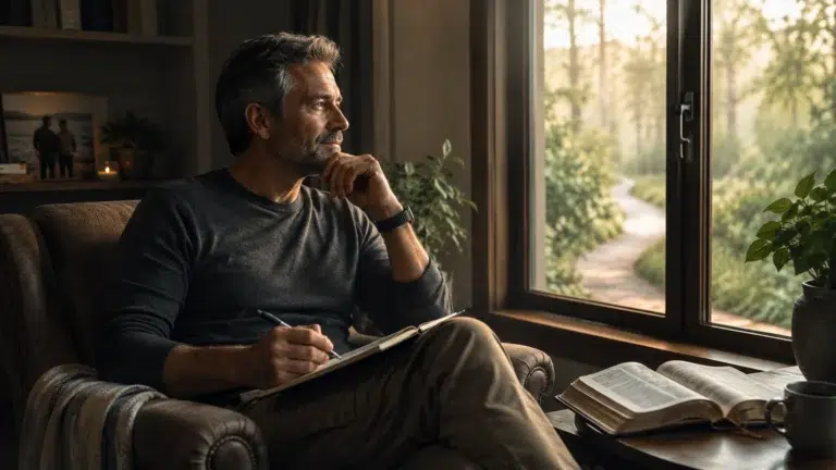 Person reflecting with a journal and Bible in a calm setting symbolizing emotional health, self-control, and spiritual maturity.