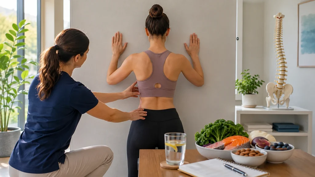 Person performing a supervised scoliosis-specific exercise beside healthy food and sleep-planning items