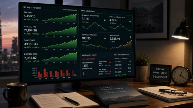 Weekly market dashboard showing rising U.S. stock indexes, lower Treasury yields, a softer dollar, stronger gold, and weak jobs data.