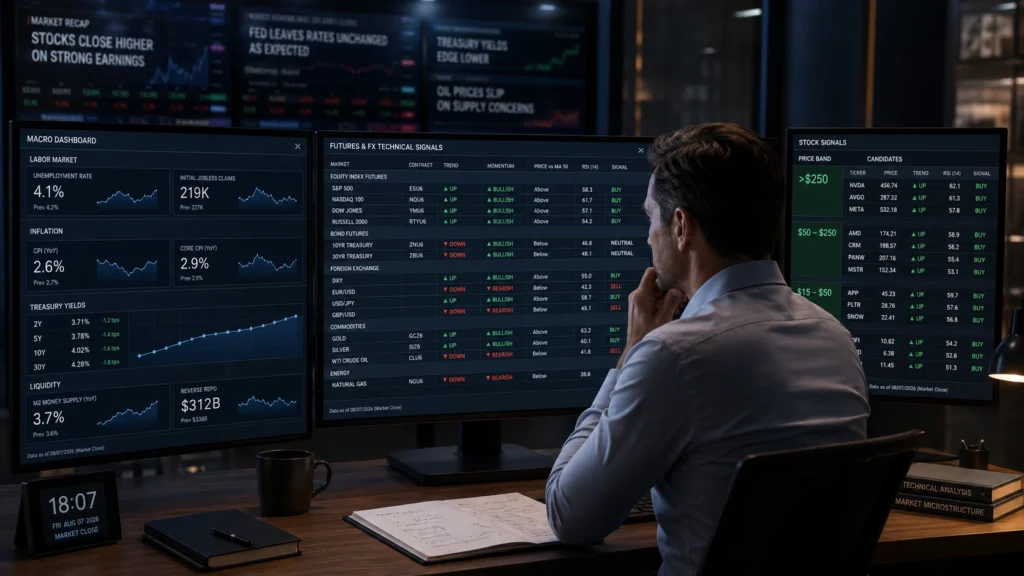 Investment dashboard showing macro indicators, futures technical signals, sector strength, and stock candidates for weekly market analysis.