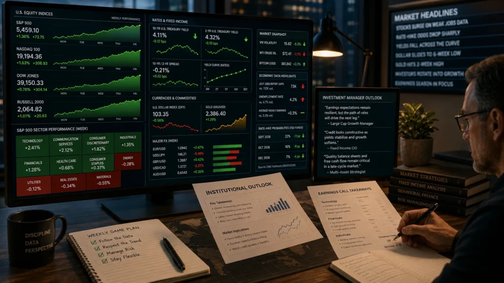Professional weekly market dashboard showing stocks, Treasury yields, dollar and FX signals, sectors, and investment research commentary.