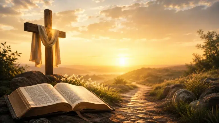 Open Bible beside a cross with a sunrise path symbolizing Christian truth, grace, and hope.