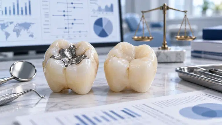 Molar with a dental amalgam filling beside a tooth-colored composite restoration, representing evidence and risk tradeoffs around mercury exposure.