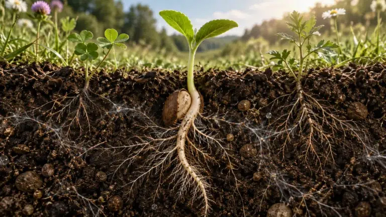 Germinating seedling orienting roots downward and shoot toward light with neighboring plants and underground fungal connections