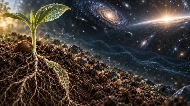 Seedling and natural structures transitioning into molecular patterns and a cosmic horizon to represent science, metaphysics, and ultimate explanation