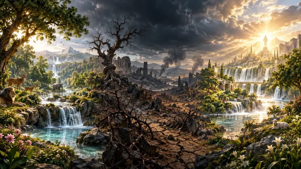 Why Does God Allow Evil? Garden creation transitioning through a fallen world into a renewed earth filled with light, symbolizing the biblical story of evil, Christ’s victory, and restoration.