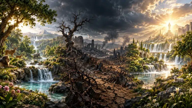Why Does God Allow Evil? Garden creation transitioning through a fallen world into a renewed earth filled with light, symbolizing the biblical story of evil, Christ’s victory, and restoration.