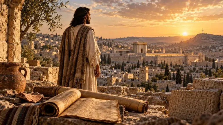 Historical depiction of Jesus with Jerusalem, a cross, ancient manuscripts, and archaeological evidence symbolizing the historical case for Christ.
