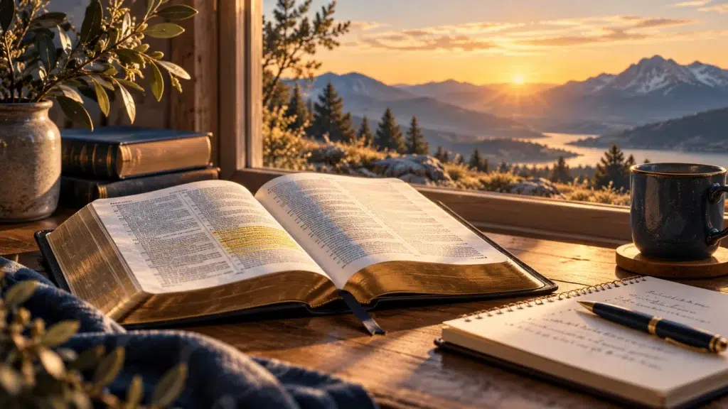 Open Bible beside a notebook and pen in warm morning light, representing Scripture reading that moves from understanding to obedience. 7 Practices That Turn Scripture Into Faithful Action
