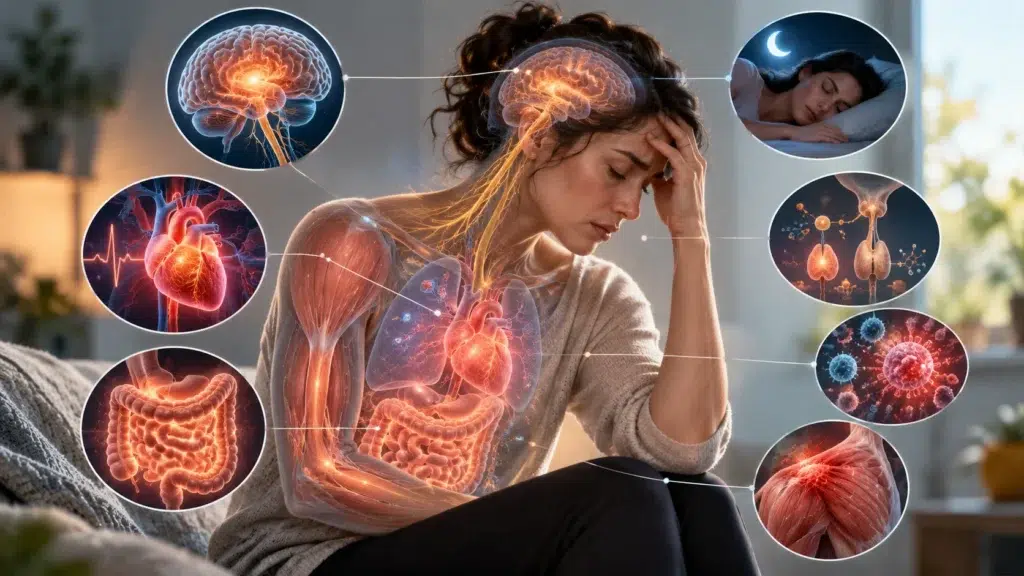 Stressed woman with medical overlays of the brain, heart, digestive system, immune activity, hormones, sleep, and muscle tension showing whole-body effects of chronic stress.