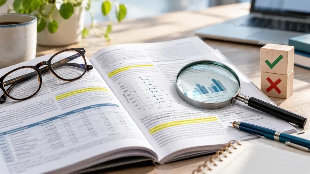 How to read a medical study. Open medical research paper with charts, highlighted findings, magnifying glass, and yes-or-no decision blocks representing careful study evaluation.