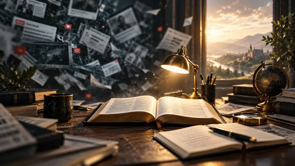 Person calmly evaluating information at a desk while blurred headlines and notifications surround them, symbolizing truth over digital noise and how to think clearly