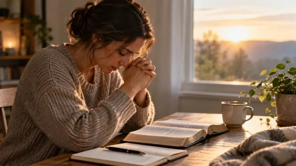 Person praying quietly beside an open Bible and journal in warm morning light, representing prayer when words are difficult to find.