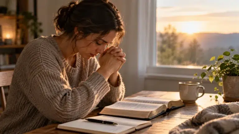Person praying quietly beside an open Bible and journal in warm morning light, representing prayer when words are difficult to find.